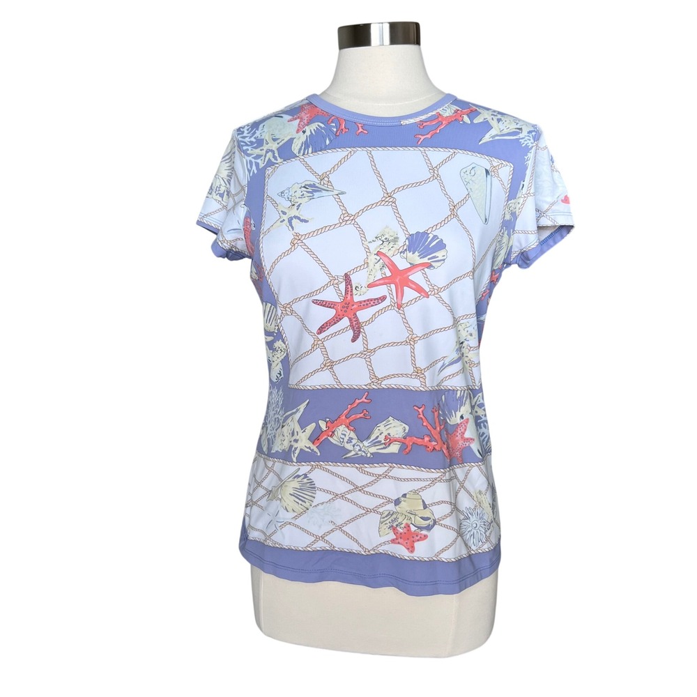 J. McLaughlin Women Nautical Starfish Shell Print‎ Short Sleeve Tee Blue Large